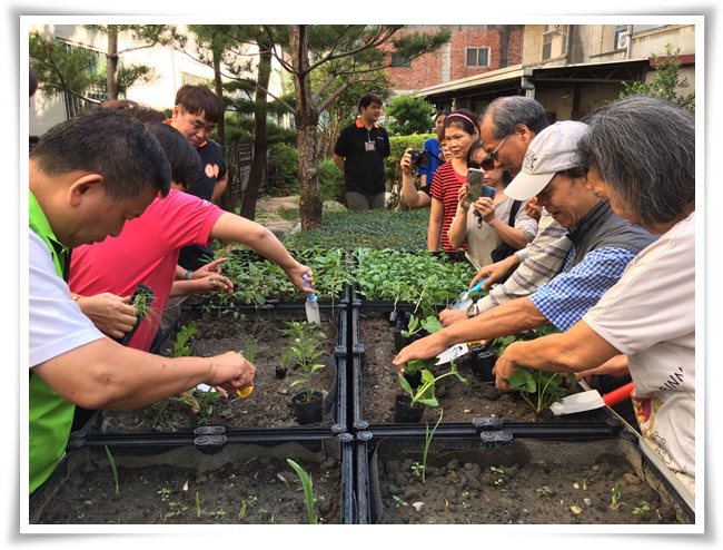 開幕活動現場,參與的貴賓們共同栽植園中菜苗花草