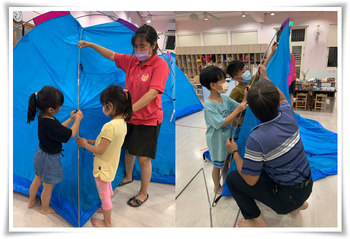 在伊甸老師協助下，孩子們同心協力搭帳篷，認真模樣十分逗趣可愛。