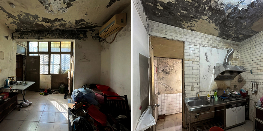 桃園龜山案家居住環境水泥剝落、天花板與牆面斑駁且有嚴重漏水