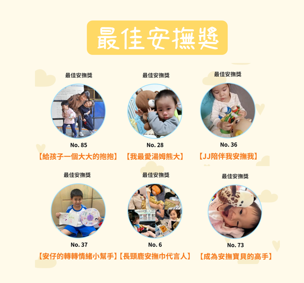 最佳安撫獎 (6名) ：NO.6【長頸鹿安撫巾代言人】 NO.28【我最愛湯姆熊大】 NO.36【JJ陪伴我安撫我】 NO.37【安仔的轉轉情緒小幫手】 NO.73【成為安撫寶貝的高手】 NO.85【給孩子一個大大的抱抱】