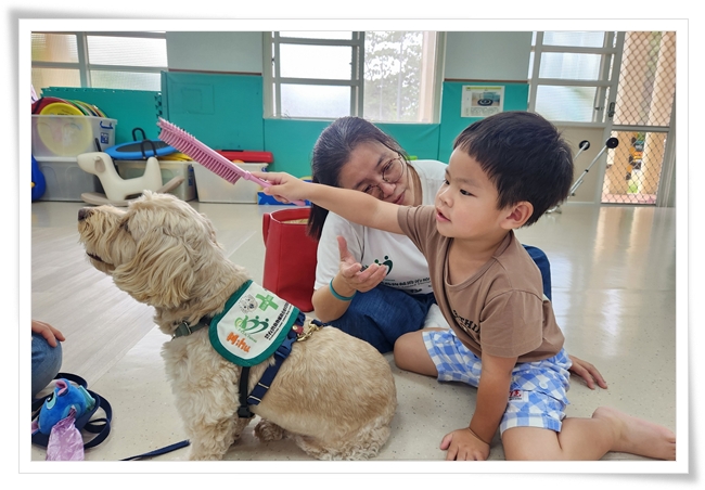 動輔師引導幼童練習使用毛刷梳理治療犬米麩