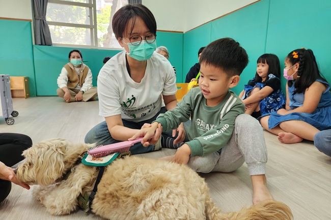 工作人員協助引導幼童練習梳毛